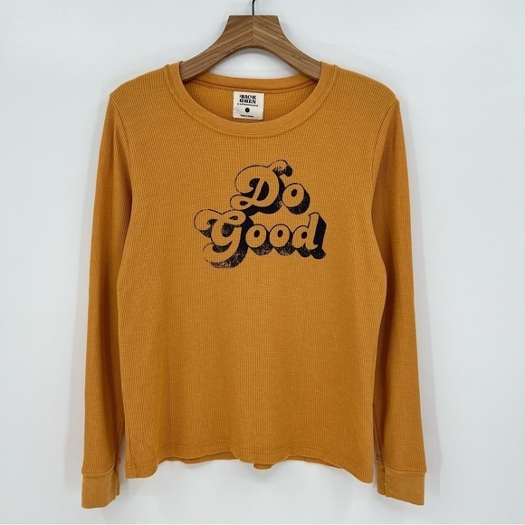 Anthropologie Back When "Do Good" Waffle Thermal Long Sleeve Top in Mustard M - Picture 3 of 8